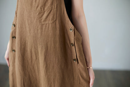 Wide leg Linen Jumpsuits Overalls in brown C2289