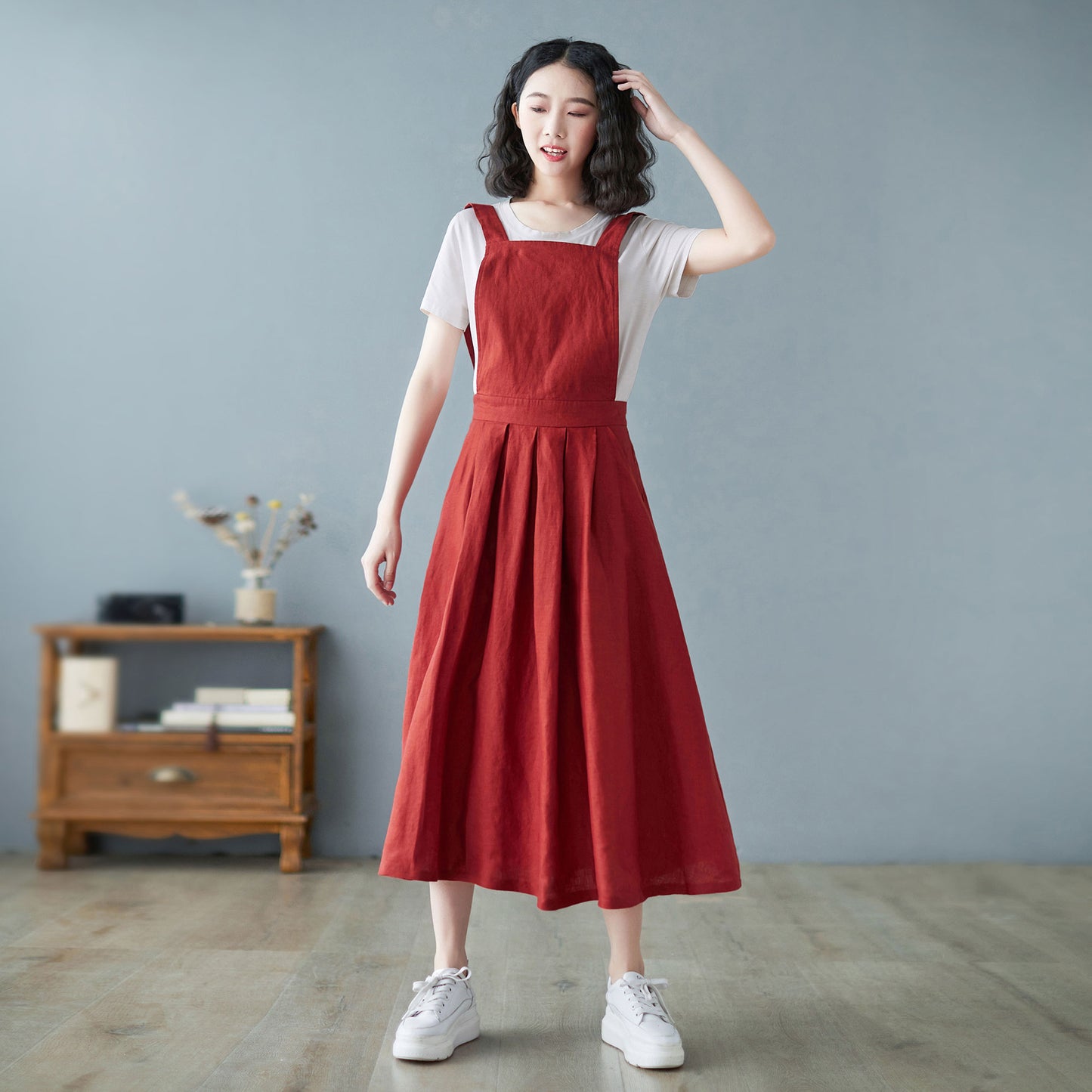 Summer pinafore linen dress with pockets C3230