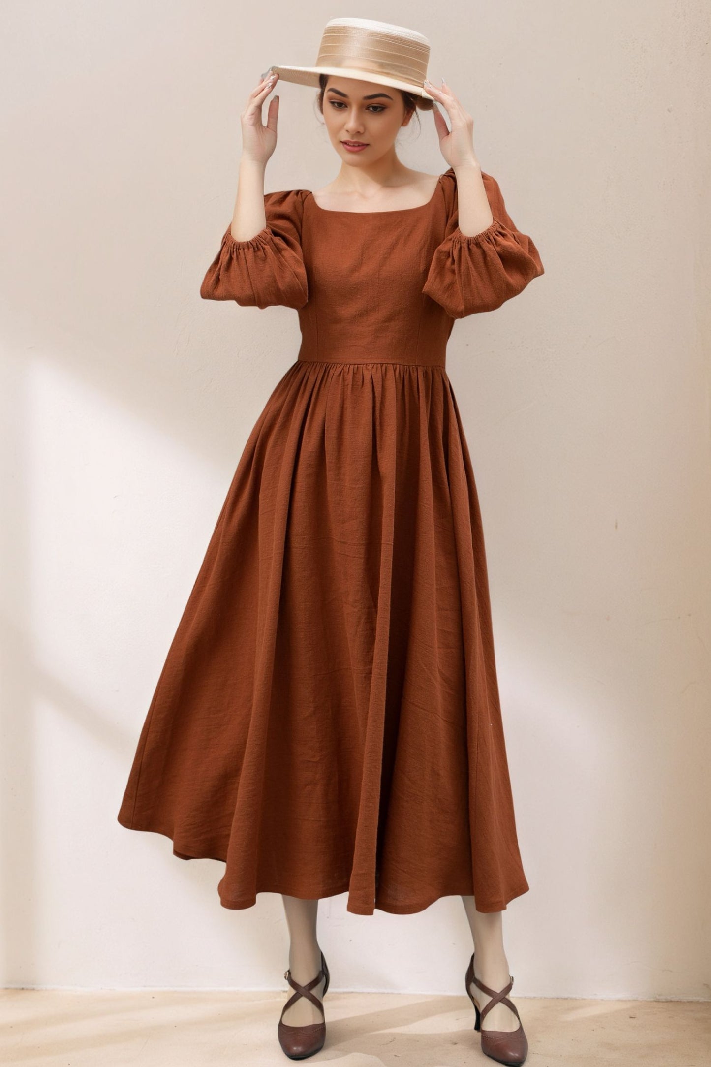 Puffy Sleeve womens long Linen Dress C5360