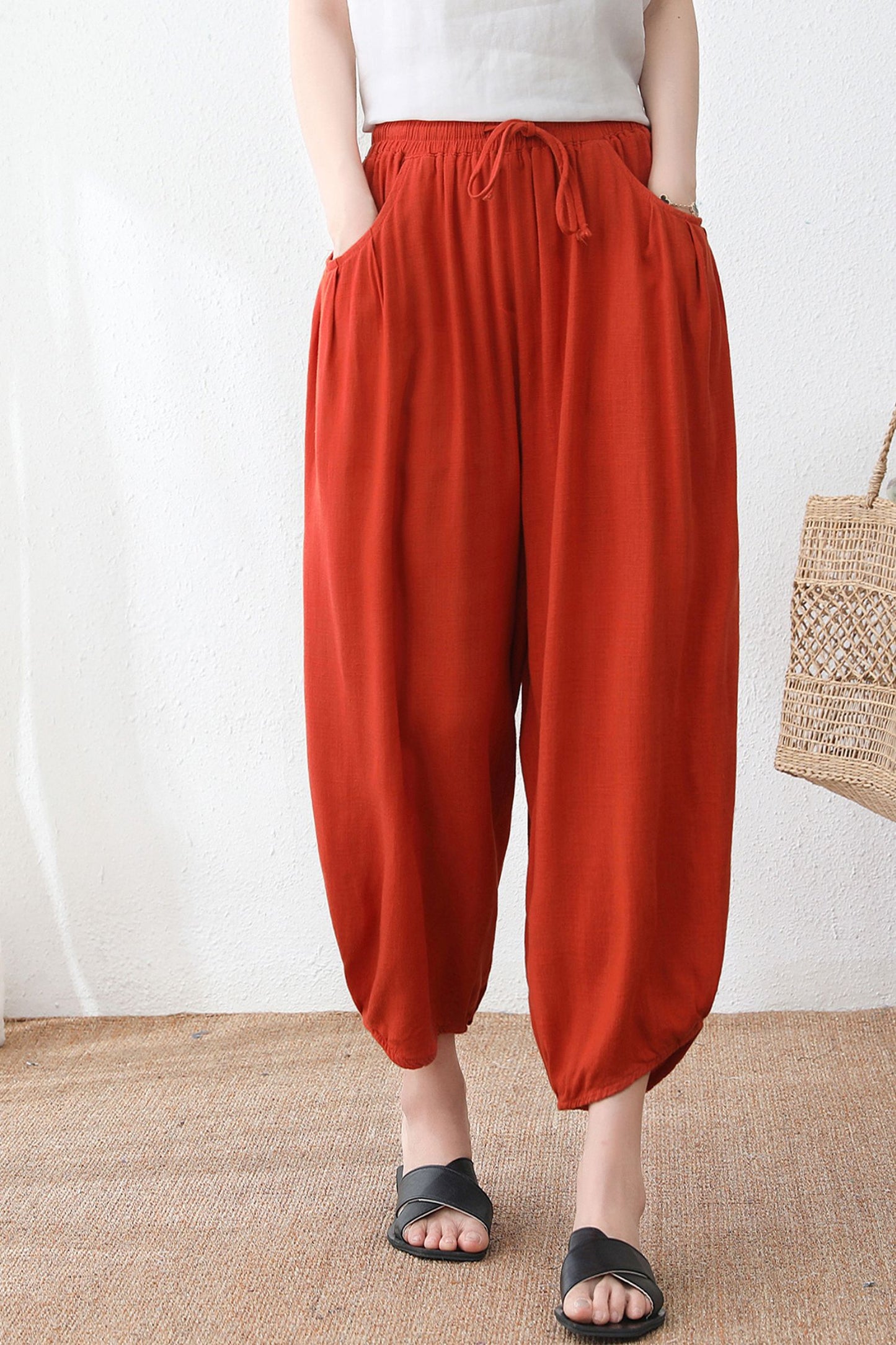 Orange Linen elastic waist drawstring pants C2332