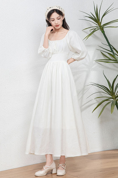 White Linen Swing Dress - Flowy Midi linen Dress C4766