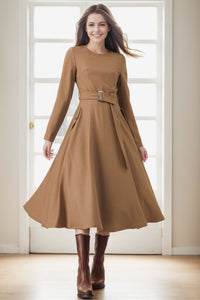 Midi Wool Belted Fit and Flare Dress C4272