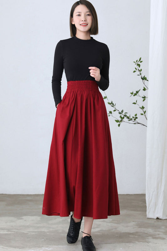 Red Maxi Linen Skirt, Full Swing Skirt C2610