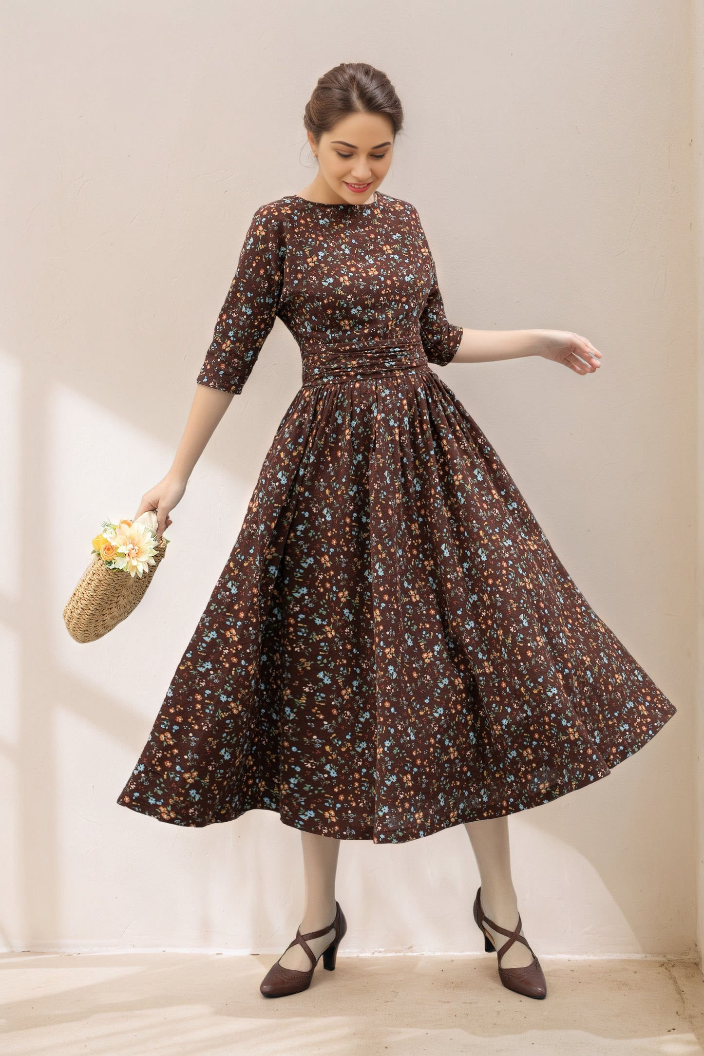 Vintage Inspired Floral Linen Midi Dress C5362