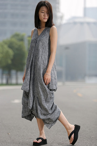 Grey Loose-Fitting V neck Linen Dress C257