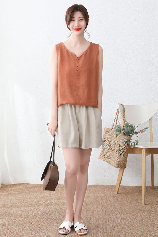 Sleeveless Summer organic linen Orange tops C2337