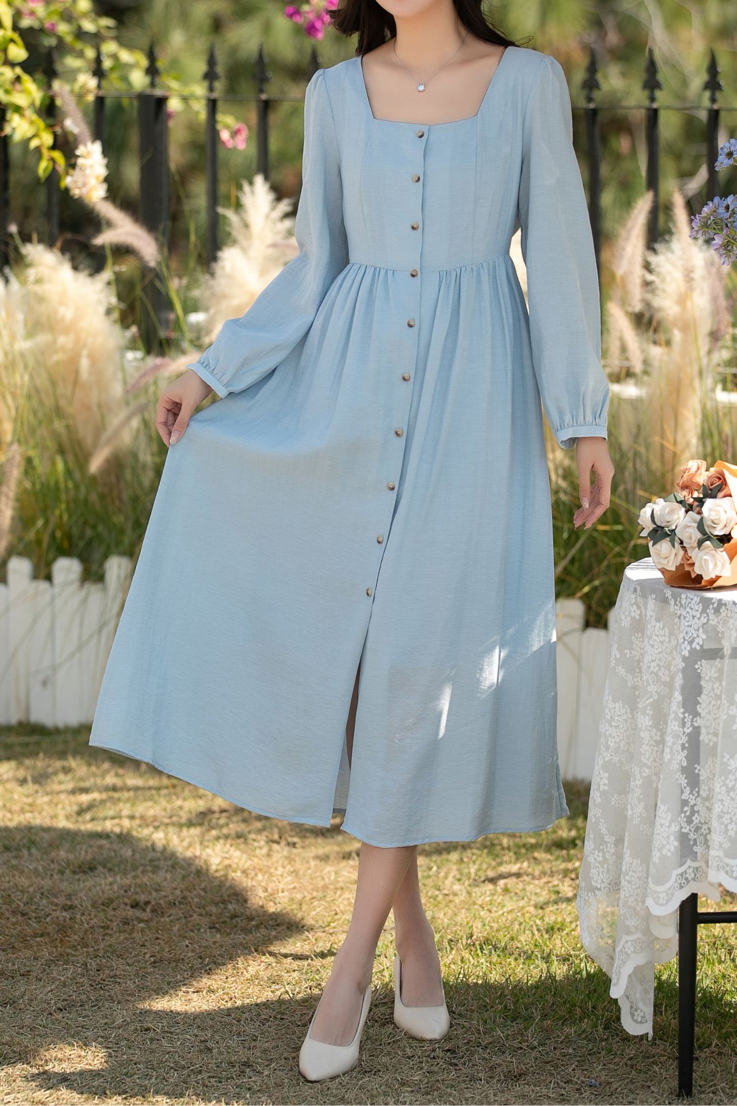 Blue Linen Midi Dress: Square Neck Long Sleeve Button Front A-Line Dress, Ylistyle C5442