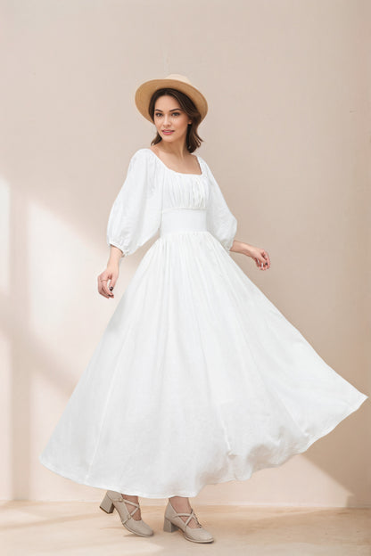 White Linen Swing Dress - Flowy Midi linen Dress C5333