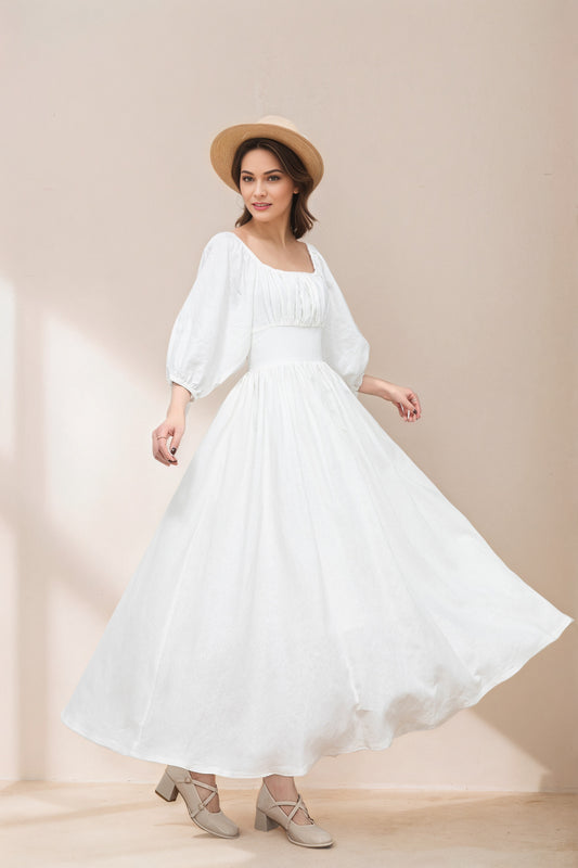 White Linen Swing Dress - Flowy Midi linen Dress C5333