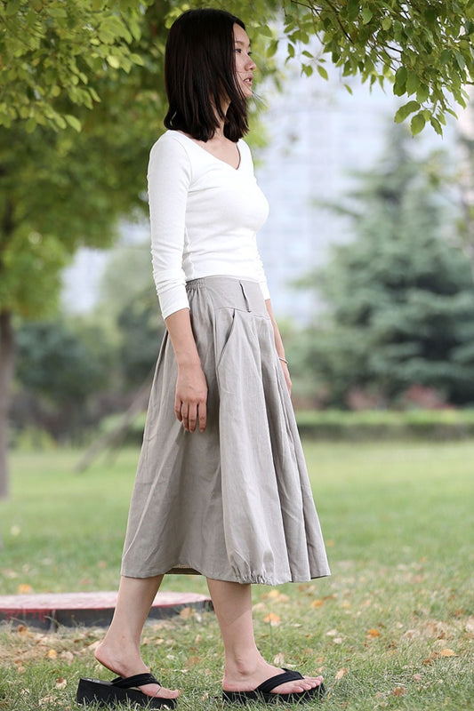 Light Grey Linen Cotton Swing Skirt - Back Elastic Waist C291