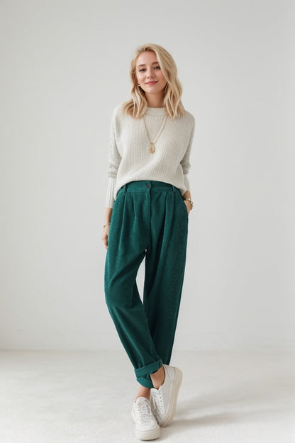 Green wide leg corduroy winter pants C4346
