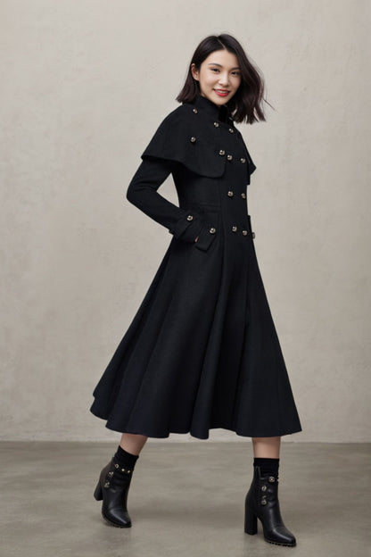 Women's Black Capelet Wool Coat C4421