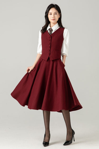 Burgundy Wool Midi Skirt: High Waist Winter A-Line Swing Skirt with Pockets, Ylistyle C5371