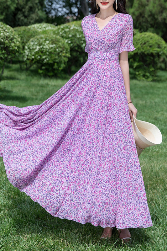 Floral women summer long chiffon dress C4037