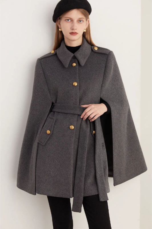 Grey winter wool cape with tie belt C4471