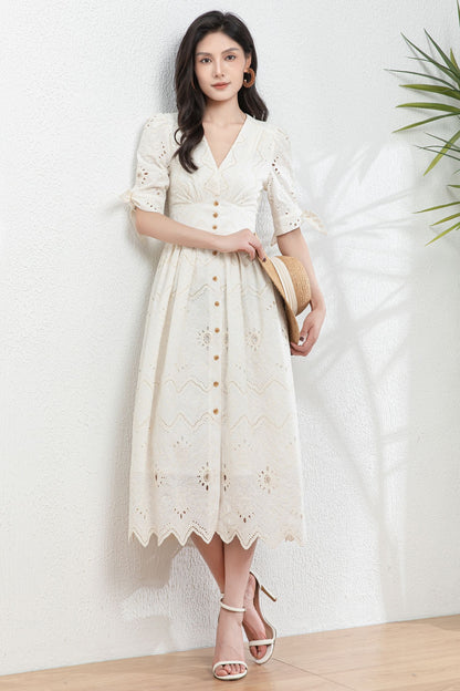 Cream White Embroidered Cotton Midi Dress c4980