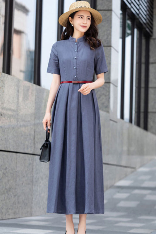 Summer Linen Button up Gray maxi Swing Dress C2829