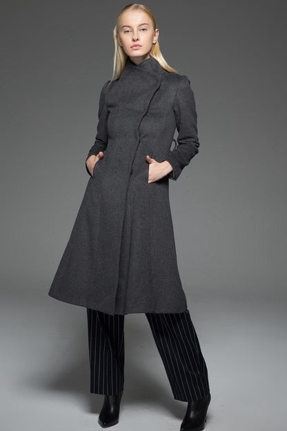 Gray Wool Coat with High Neck Collar, Pockets and Self-Tie Belt C758