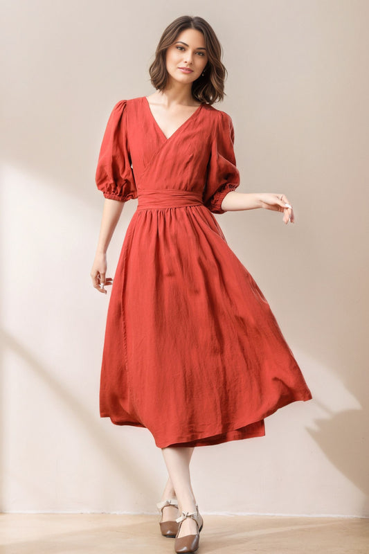 Women's Orange Linen Dress C5328
