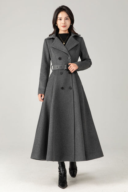 Double breasted long gray winter warm wool coat C5345