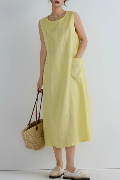 Loose fitting yellow summer linen dress C5066