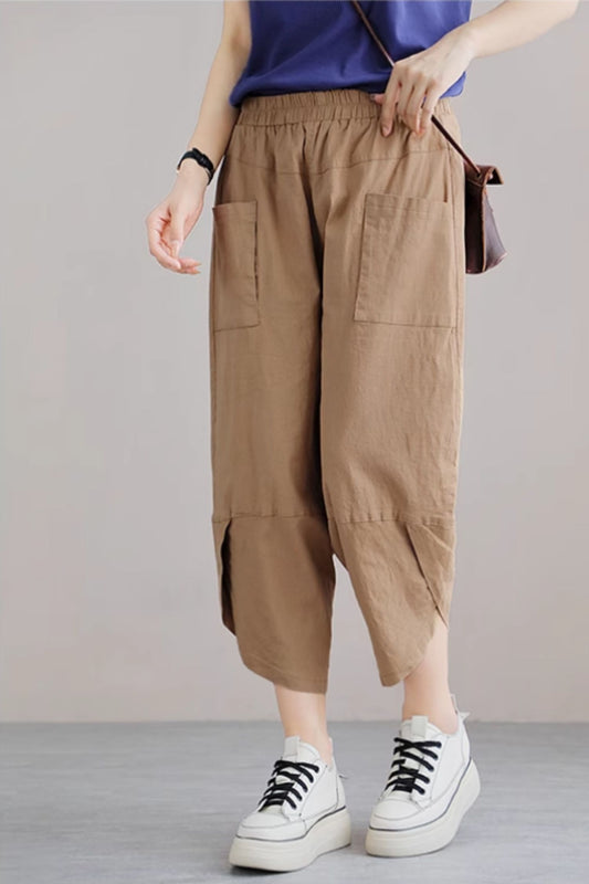 Elastic waist loose fitting linen pants C4438