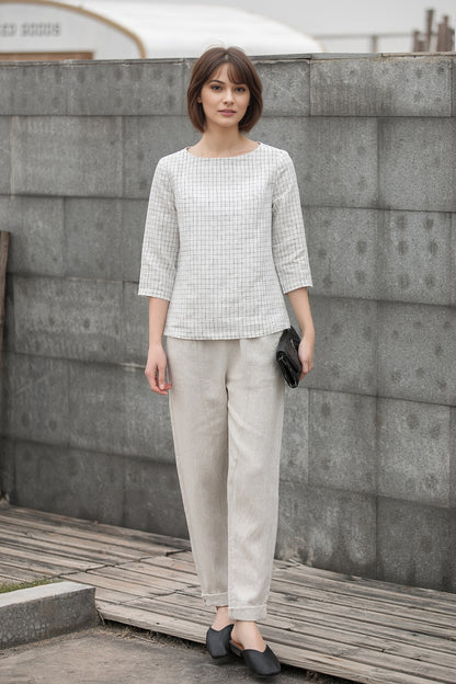 Plaid Linen Blouse: Boat Neck Relaxed Fit Women’s Top, Ylistyle C5410