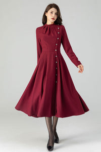 Autumn Midi Wool Burgundy Dress C3609