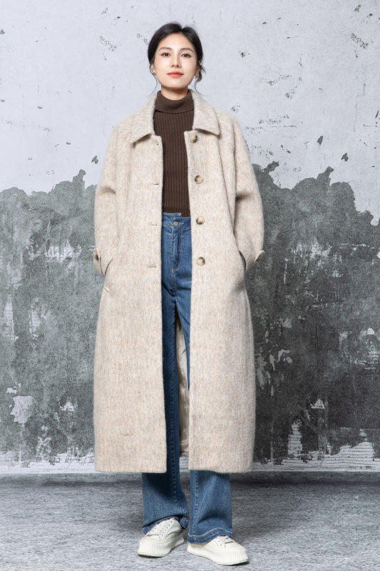 Oversized Camel Wool Blend Coat: Minimalist Long Wool Overcoat, Ylistyle C5479