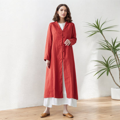 Orange red Long Linen Trench Coat C5416