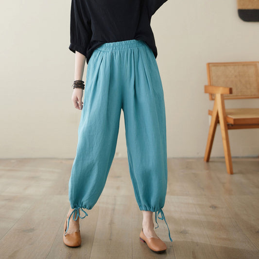 Blue elastic Waist casual linen pants C3965