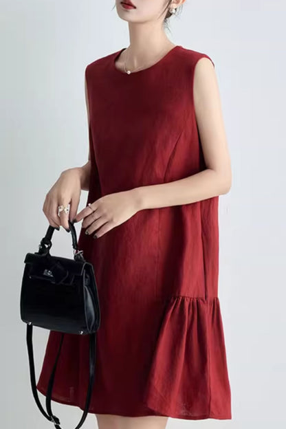 Burgundy womens summer short linen dress C5063
