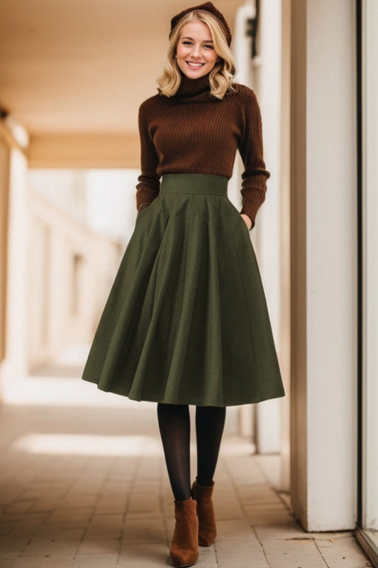 Women Knee Length Army Green Wool Skirt C4526