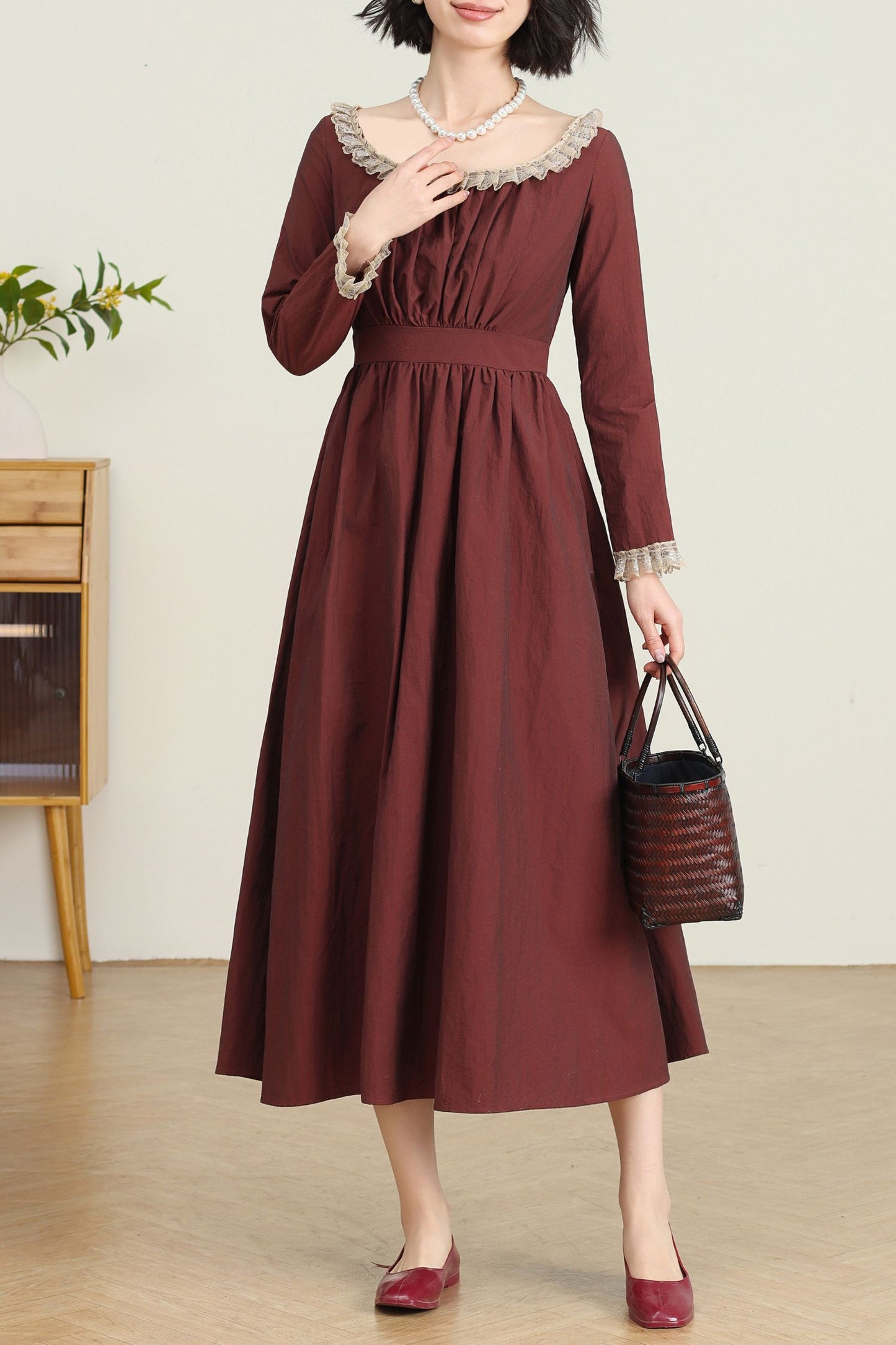 Women's Burgundy Princess linen dress C4735