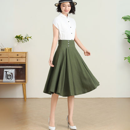 Green Pleated Swing Skirt with Pockets C4729