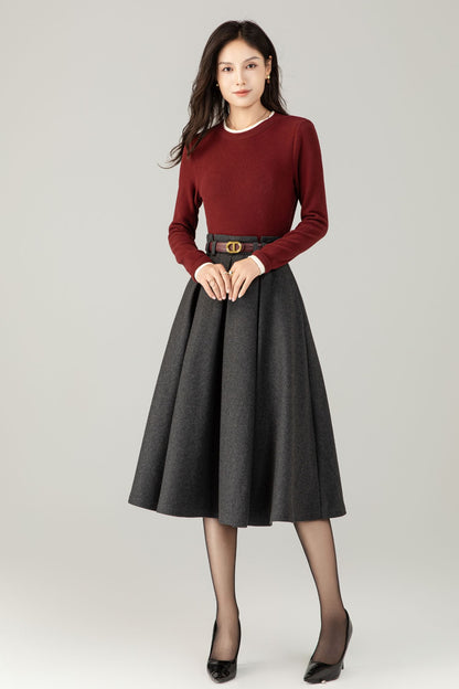 High waist a line gray winter wool skirt C5240