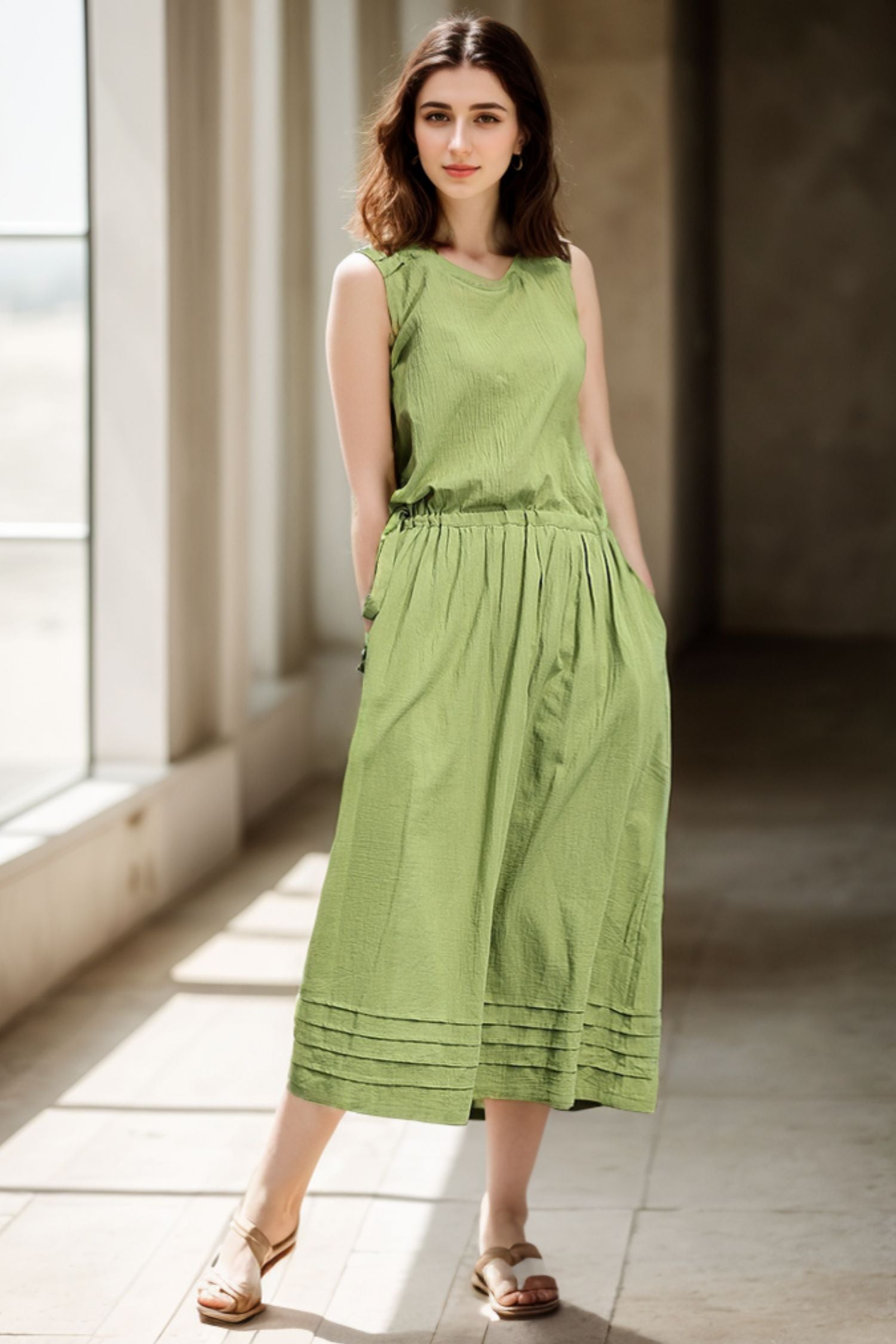 Olive Green Linen Sleeveless Summer Dress C293 YLISTYLE Olive Green Linen Sleeveless Summer Dress C293 YLISTYLE