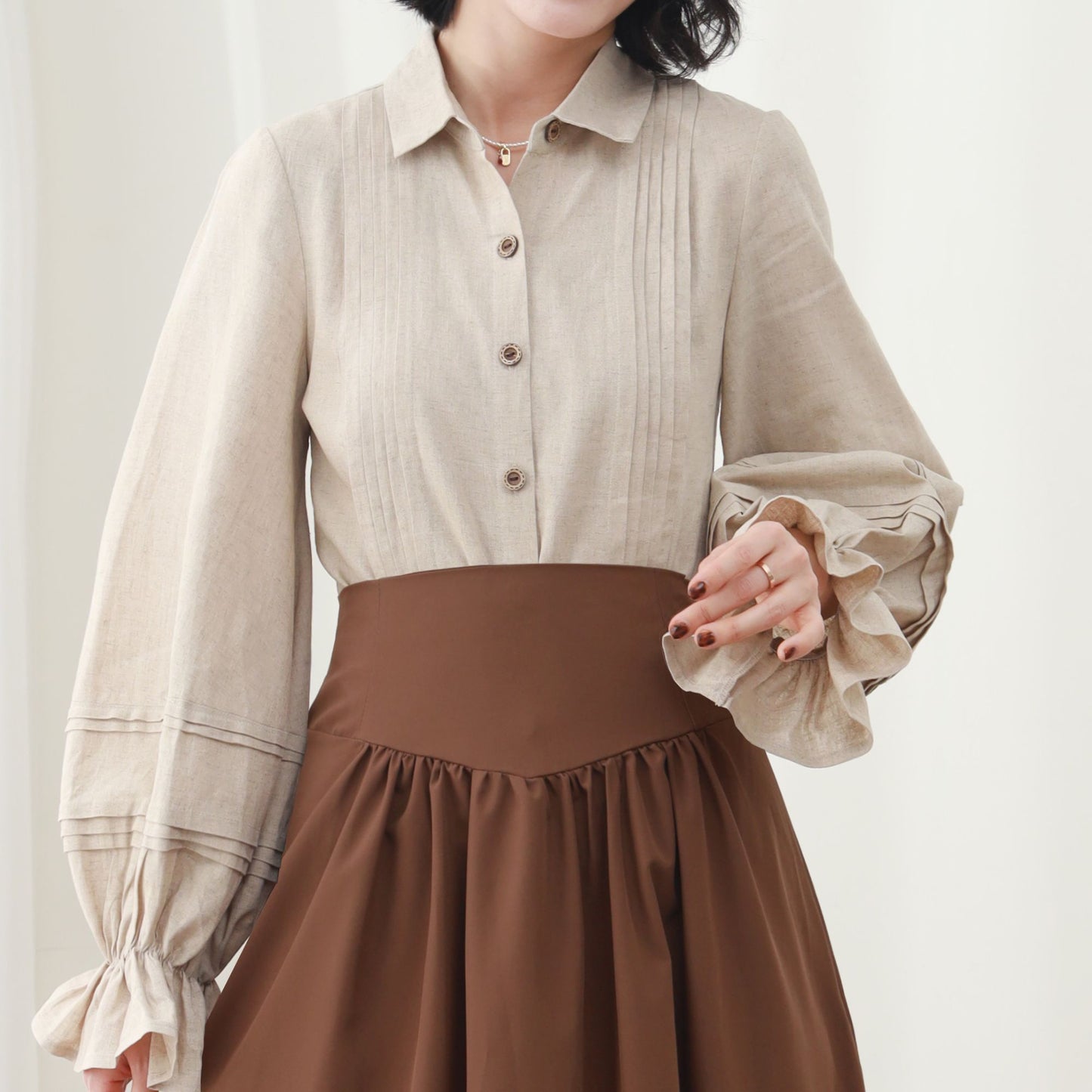 Beige Linen Blouse, Long Lantern Sleeve, Ruffle Detail, Ylistyle C5451