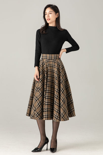 Wool Blend Plaid Midi Skirt : High Waist Swing Circle Skirt, Ylistyle C5375