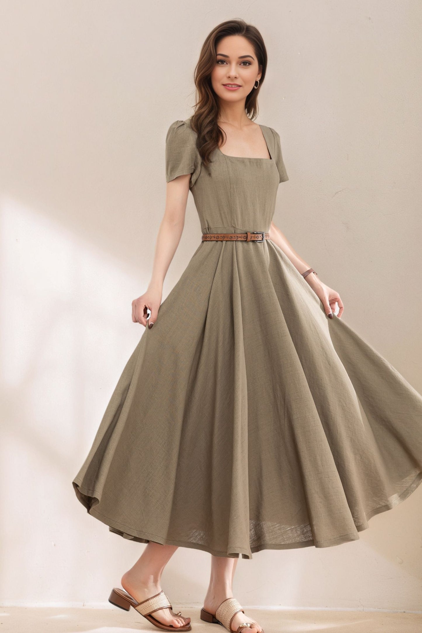 Womens Summer Green Linen Dress c5387