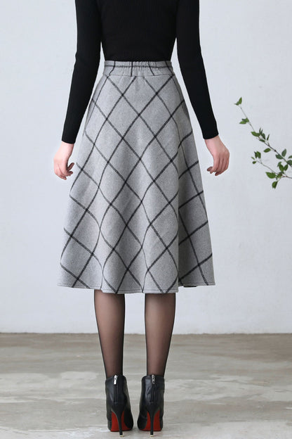 Women Winter A Line Midi Plaid Skirt C4355