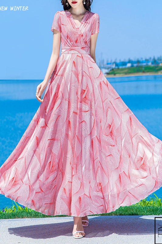 summer new pink chiffon big swing dress C4023