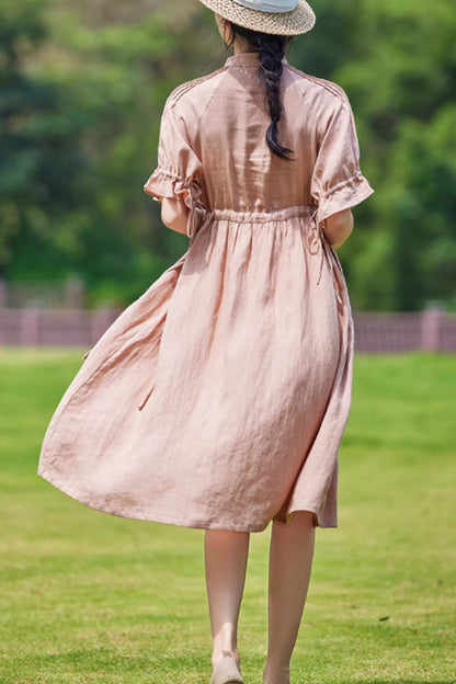 Pink drawstring waist summer linen dress C5059