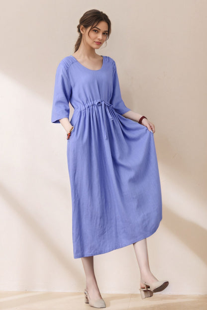 Purple 3/4 Sleeve Pleated Linen Dress With Drawstring C5389