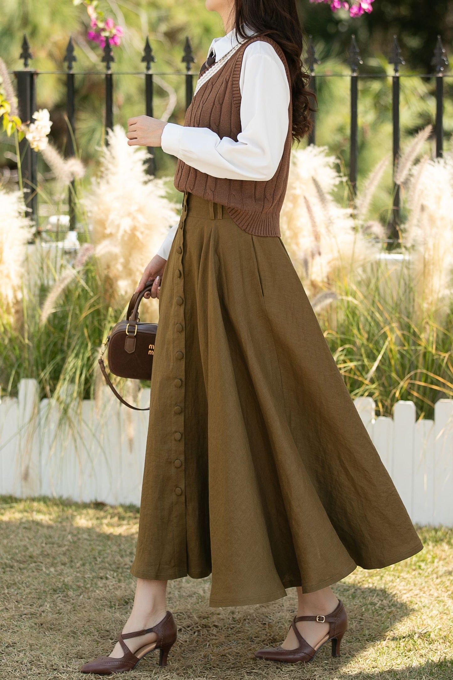 Army Green Linen Maxi Skirt: High Waist Button Front A-Line Swing Skirt, Ylistyle C5444