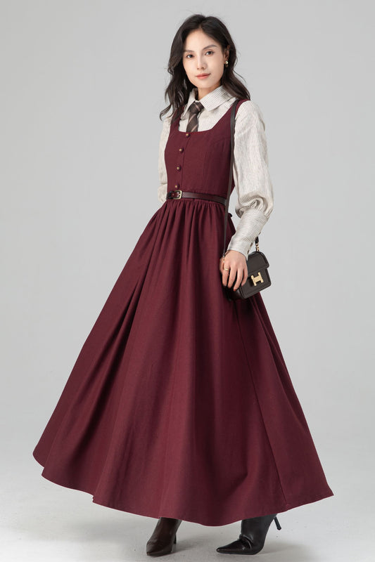 Dark Red Women's Pinafore Wool Dress C5205