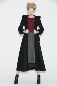 Long black hooded winter wool coat C706