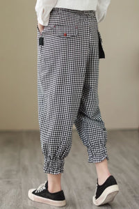 Plaid loose fitting linen pants women C4430