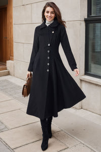 Black Hooded Long Wool Coat C4330