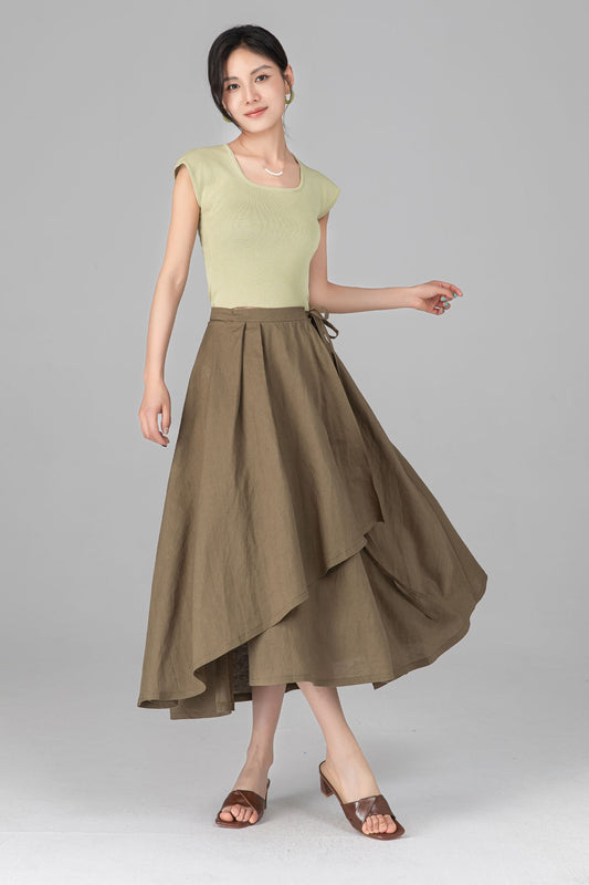 Green Linen Cotton Wrap Midi Skirt: Asymmetrical Flowy Pleated A Line Long Skirt, Ylistyle C5519